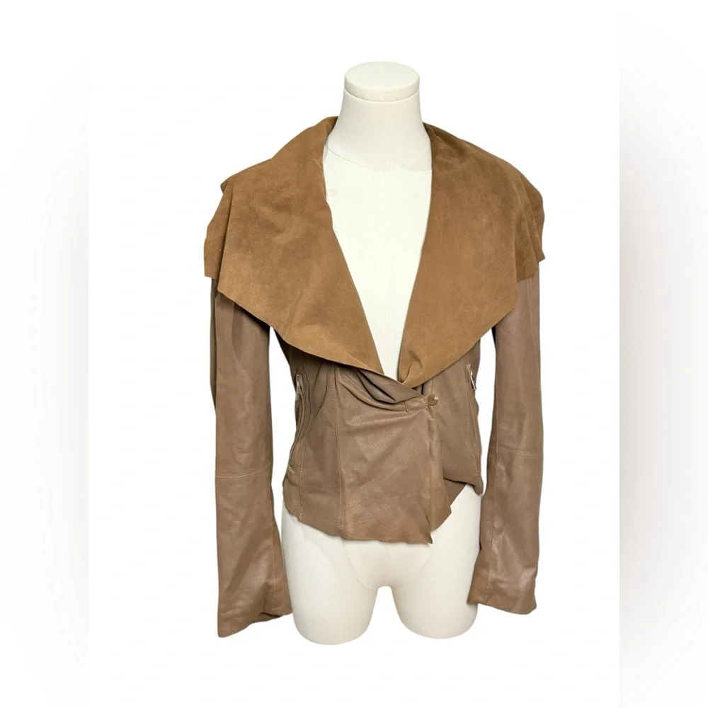 Vintage Y2K Leather Moto Jacket Brown Suede Waterfall Collar XS Michael Kors